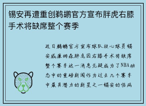 锡安再遭重创鹈鹕官方宣布胖虎右膝手术将缺席整个赛季