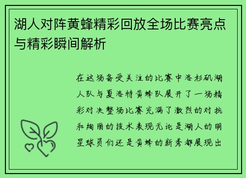 湖人对阵黄蜂精彩回放全场比赛亮点与精彩瞬间解析