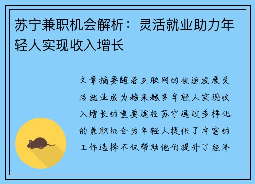 苏宁兼职机会解析：灵活就业助力年轻人实现收入增长