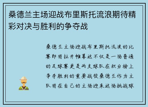 桑德兰主场迎战布里斯托流浪期待精彩对决与胜利的争夺战