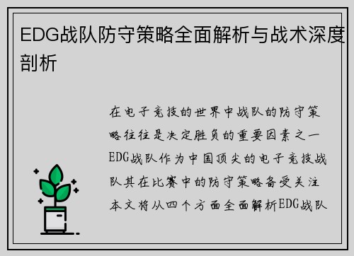 EDG战队防守策略全面解析与战术深度剖析