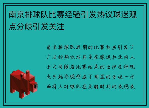 南京排球队比赛经验引发热议球迷观点分歧引发关注